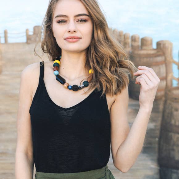 Chunky Wood Bead  Statement Necklace