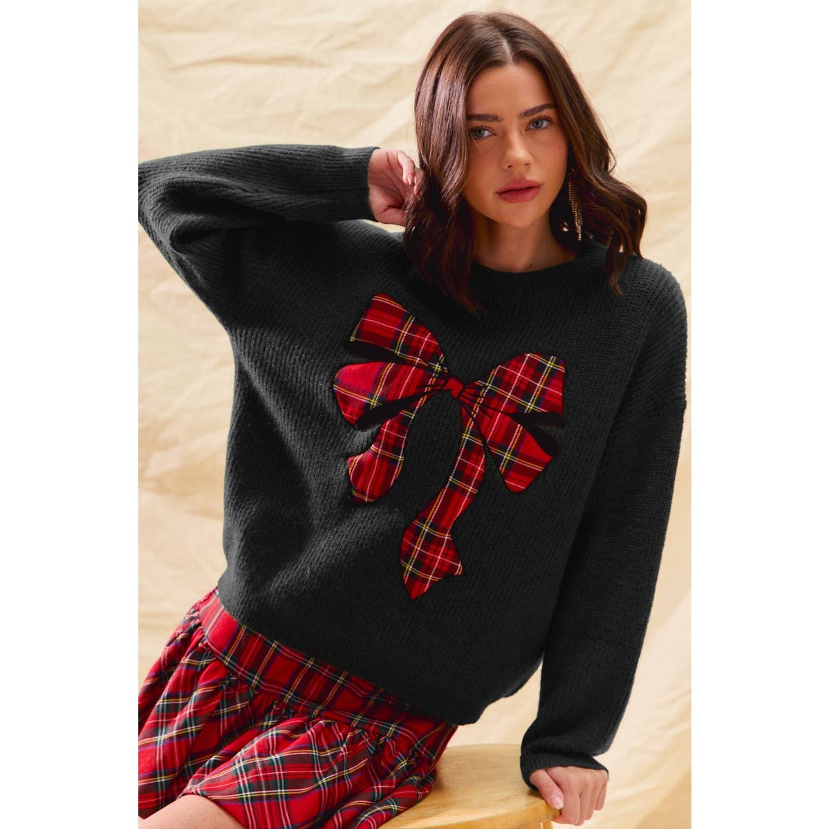 CHECKER PLAID RIBBON CHRISTMAS HOLIDAY SWEATER TOP