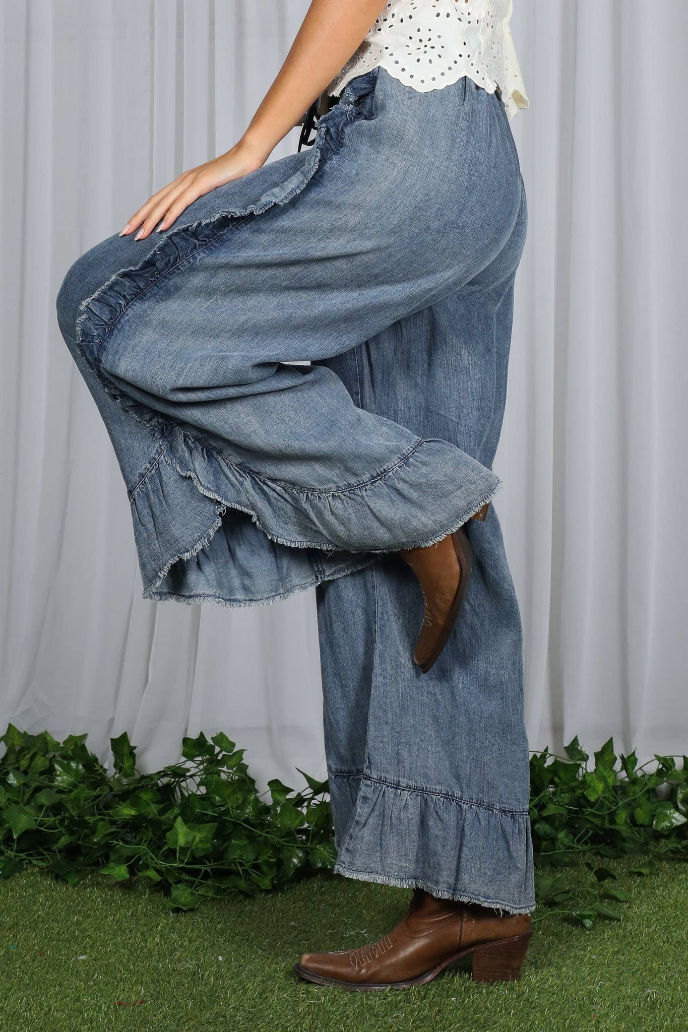 Flared Ruffle Hem Washed Chambray Crop Denim Pants