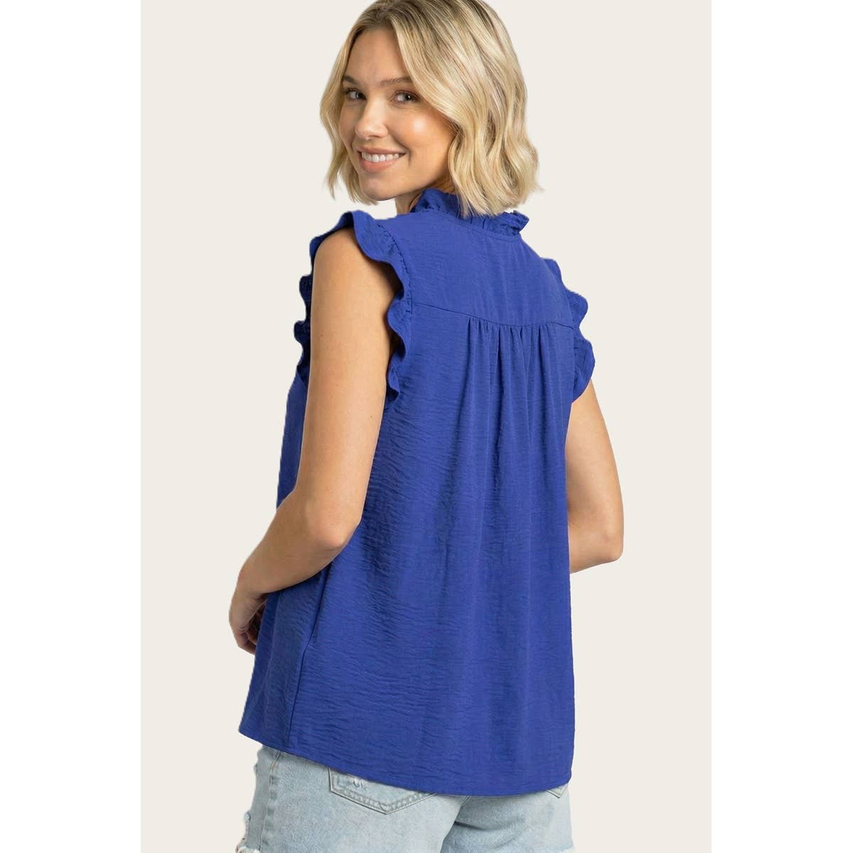 FRILLED Y SPLIT NECK SMOCKED SHOULDER TOP
