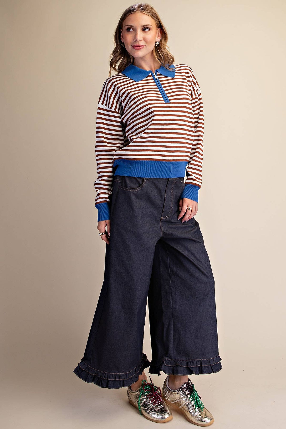 Collar Zip Neck Long Sleeve Stripe Sweater