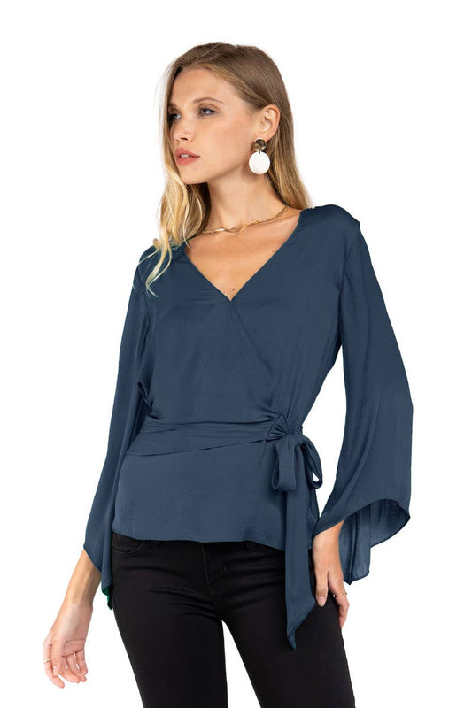 Long Sleeve Drop Shoulder Front Tie Blouse