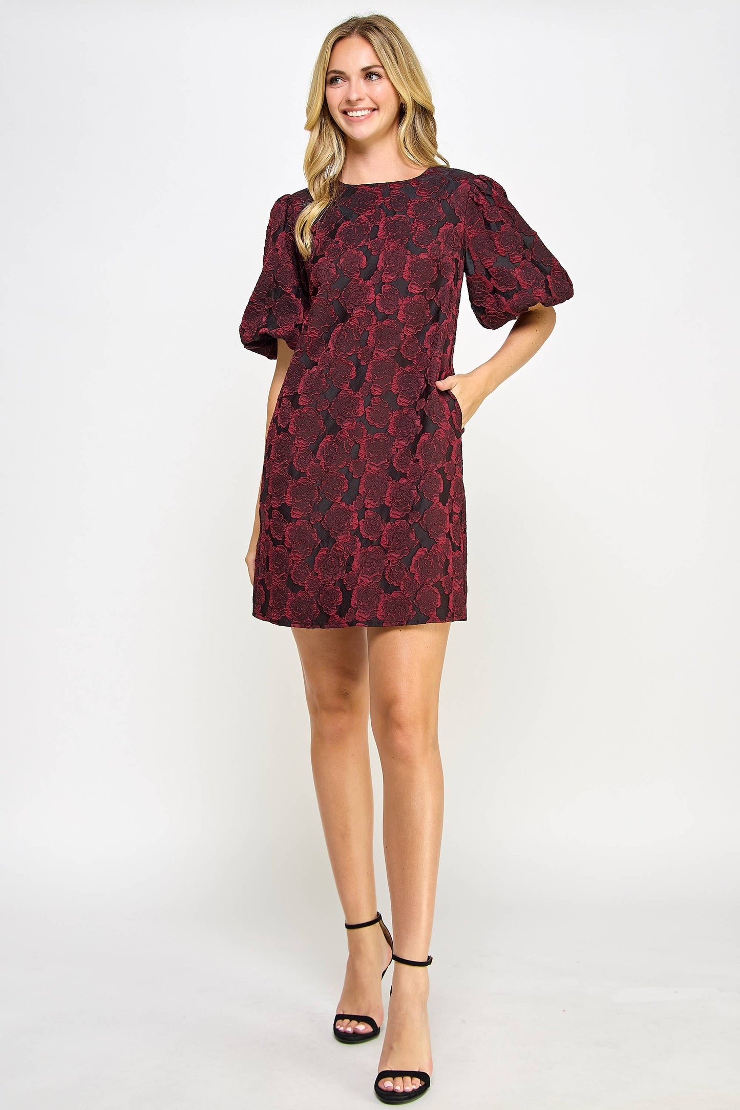 PUFF SLEEVE JACQUARD DRESS WINE