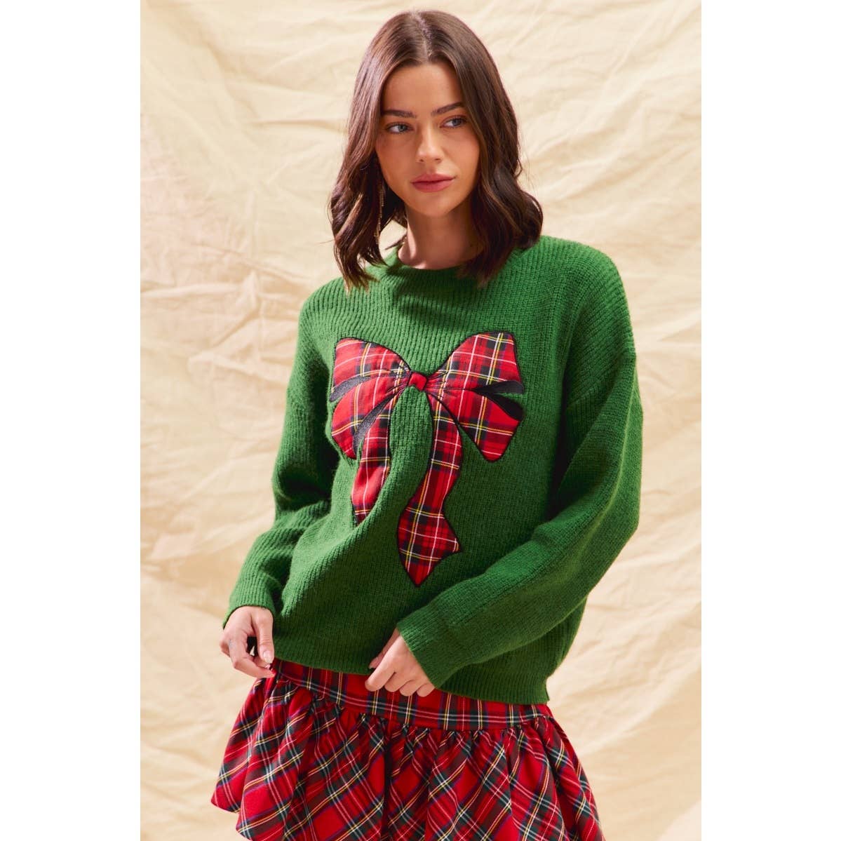 CHECKER PLAID RIBBON CHRISTMAS HOLIDAY SWEATER TOP