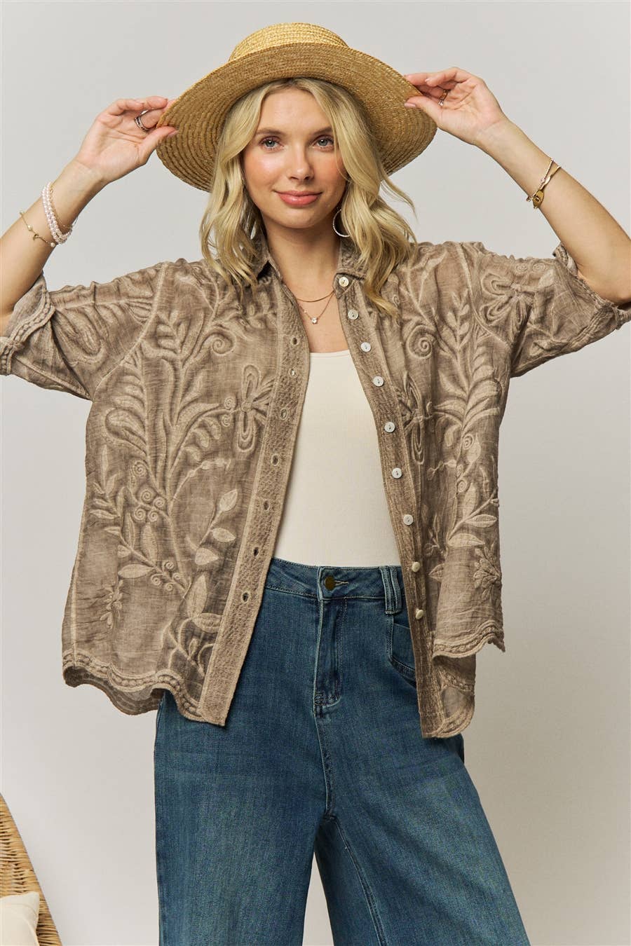 VINTAGE BOHO EMBROIDERED BUTTON-DOWN SHIRT