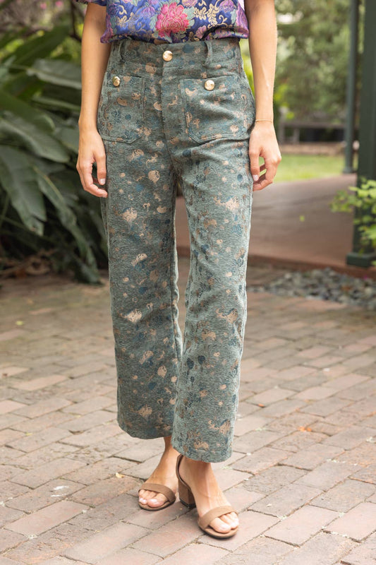 Gold Button Abstract Velvet Jaquard Wide Leg Pants