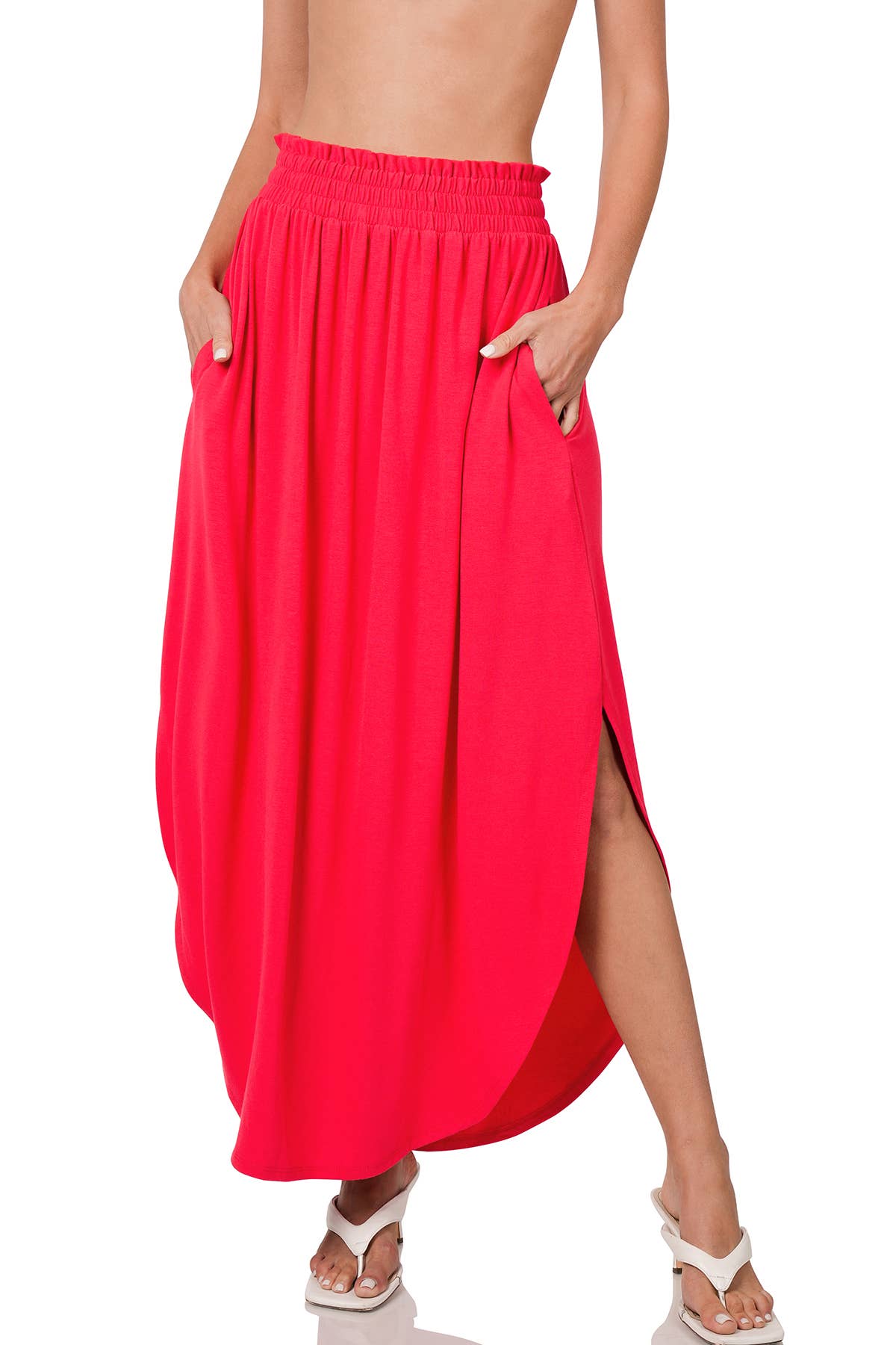 SMOCKED WAIST SIDE SLIT MAXI SKIRT WITH POCKETS