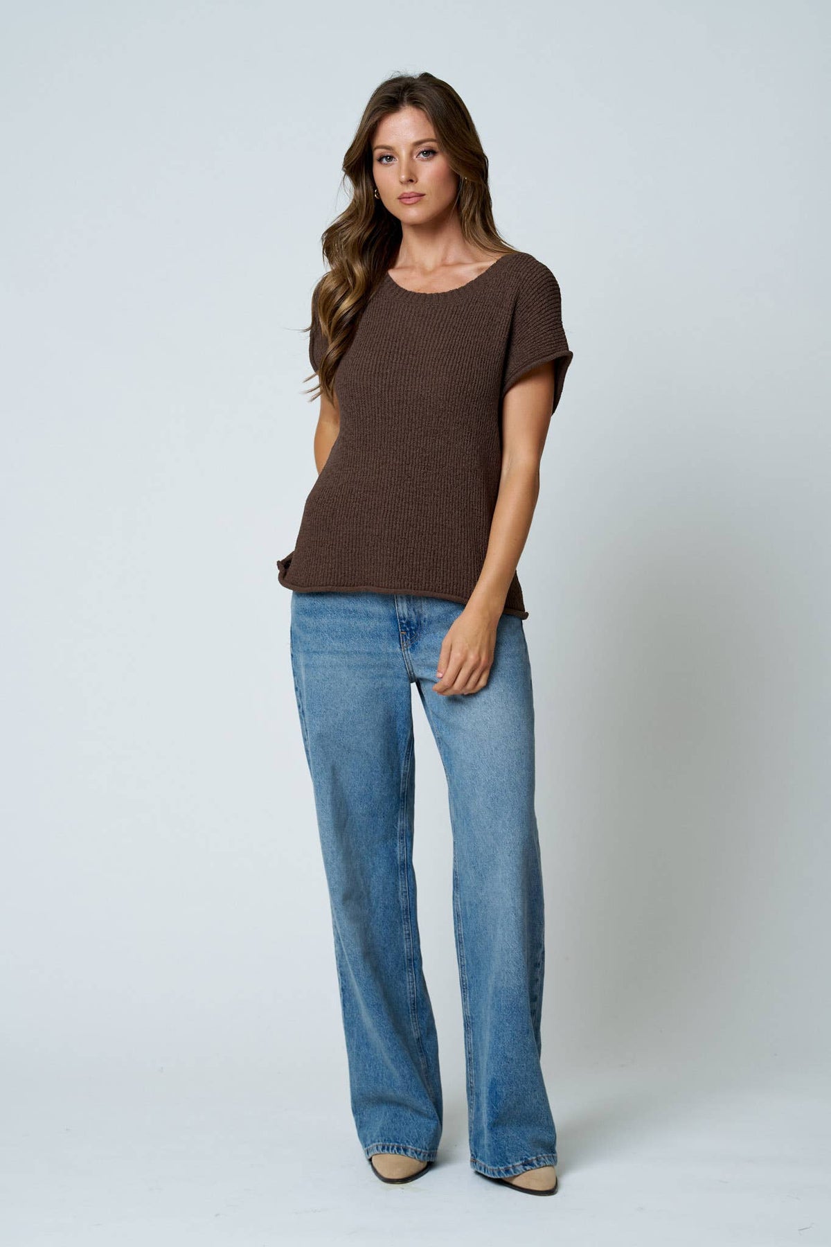 CREW NECK RAW SLEEVE RELAXED SWEATER KNIT TOP