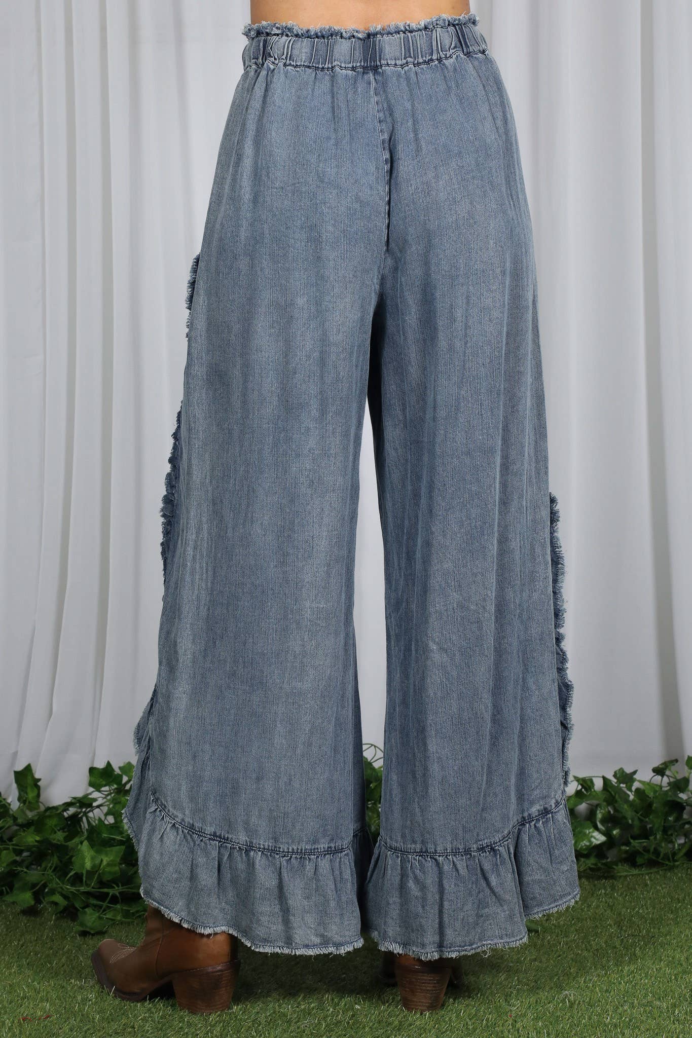 Flared Ruffle Hem Washed Chambray Crop Denim Pants