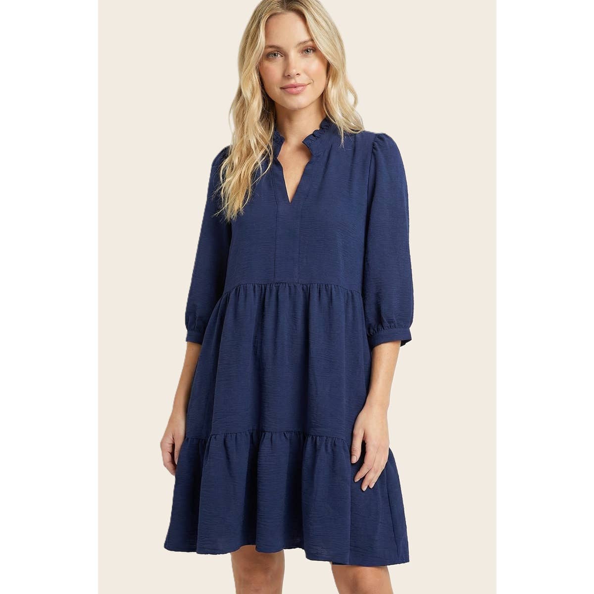 FRILLED SPLIT NECK TIERED DRESS
