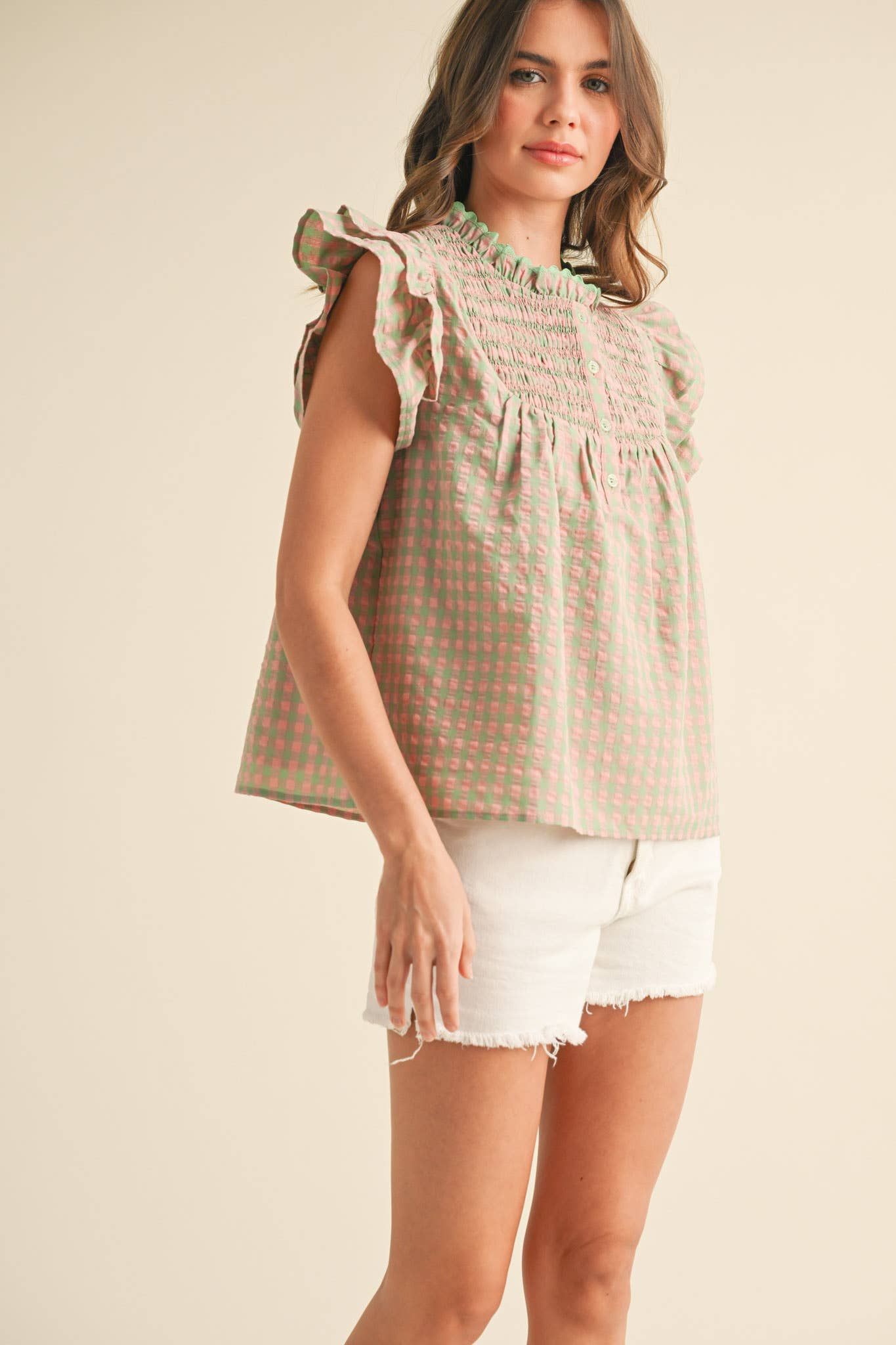 GINGHAM FLUTTER SLEEVE TOP
