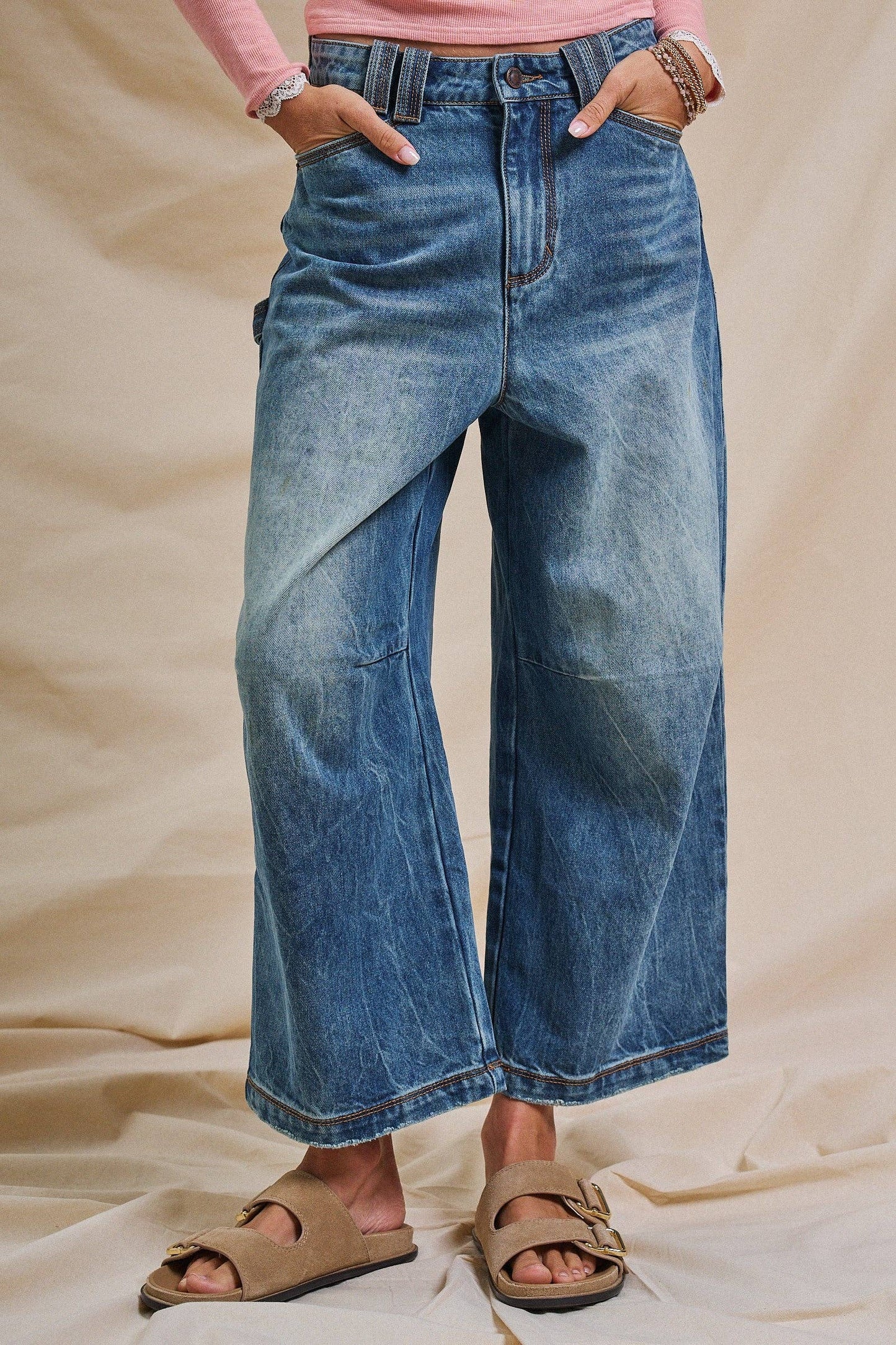 Vintage Wash Cropped Wide-Leg Denim Jeans