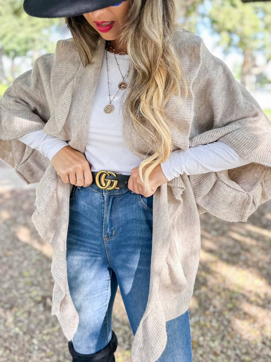 Oatmeal Beige Soft Knit Ruffle Detail Cardigan