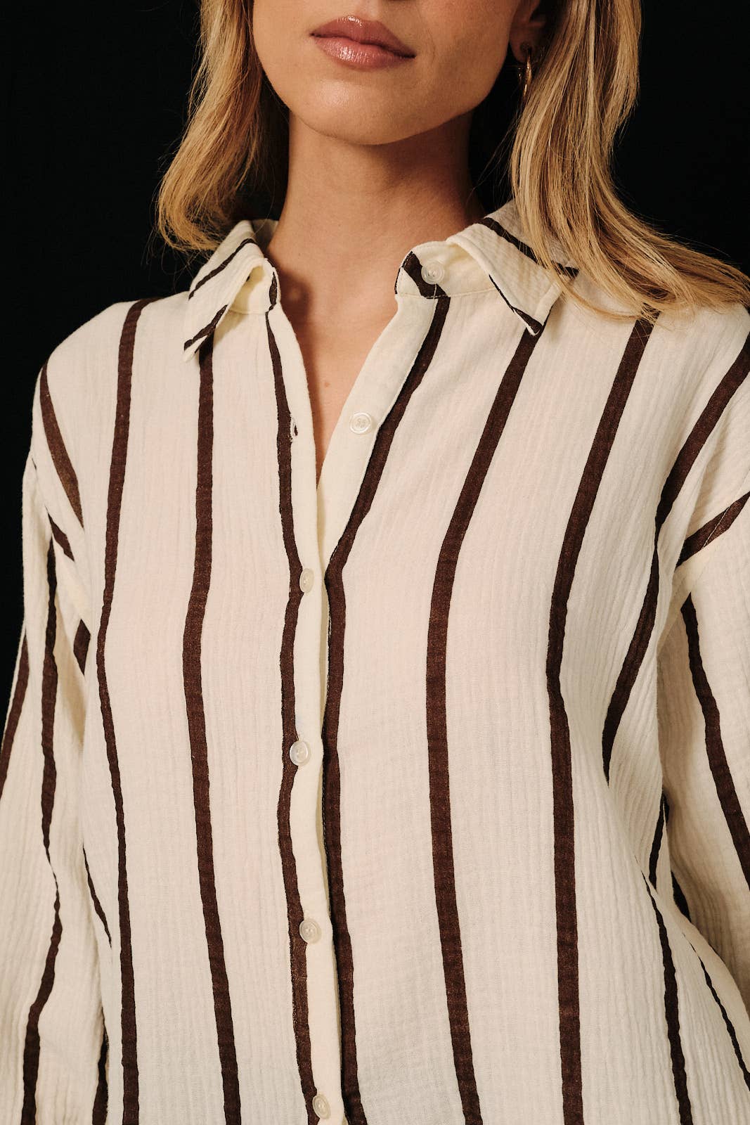 DOLMAN LONG SLEEVE BUTTON DOWN DOUBLE GAUZE STRIPE SHIRT