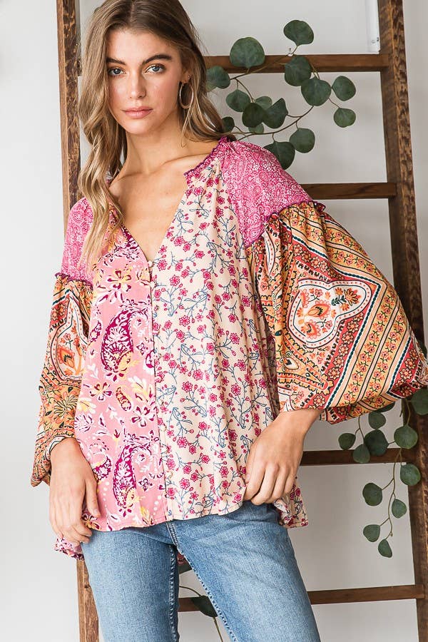 BUTTON FRONT PRINT MIXED BLOUSE