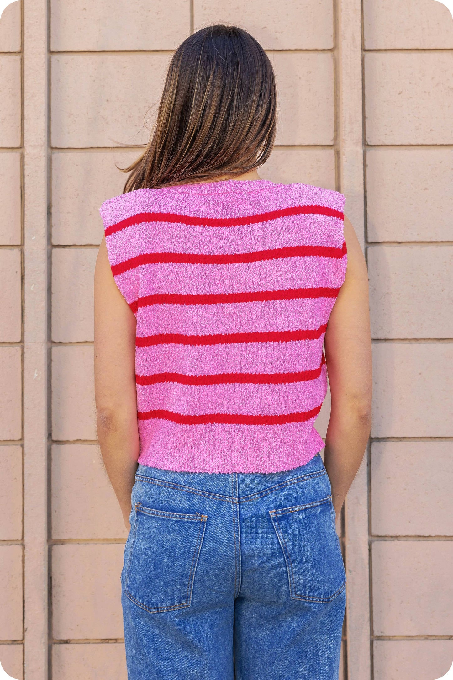 Shoulder Pad Sleeveless Textured Striped Knit Top