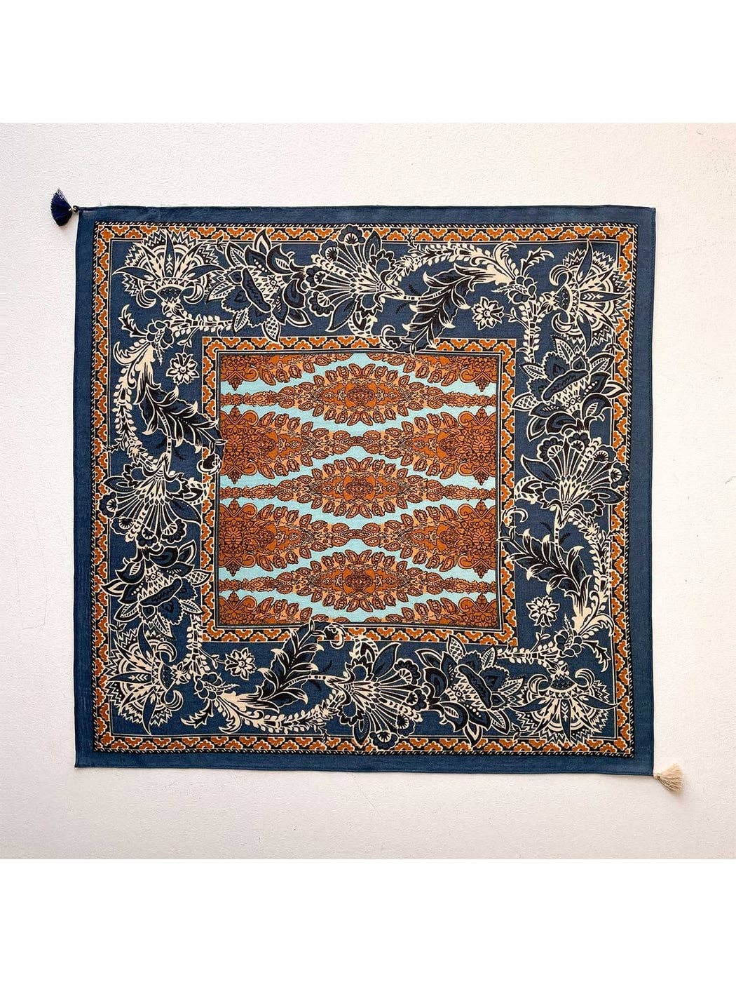 Navy Retro Floral Print Tassel Square Scarf