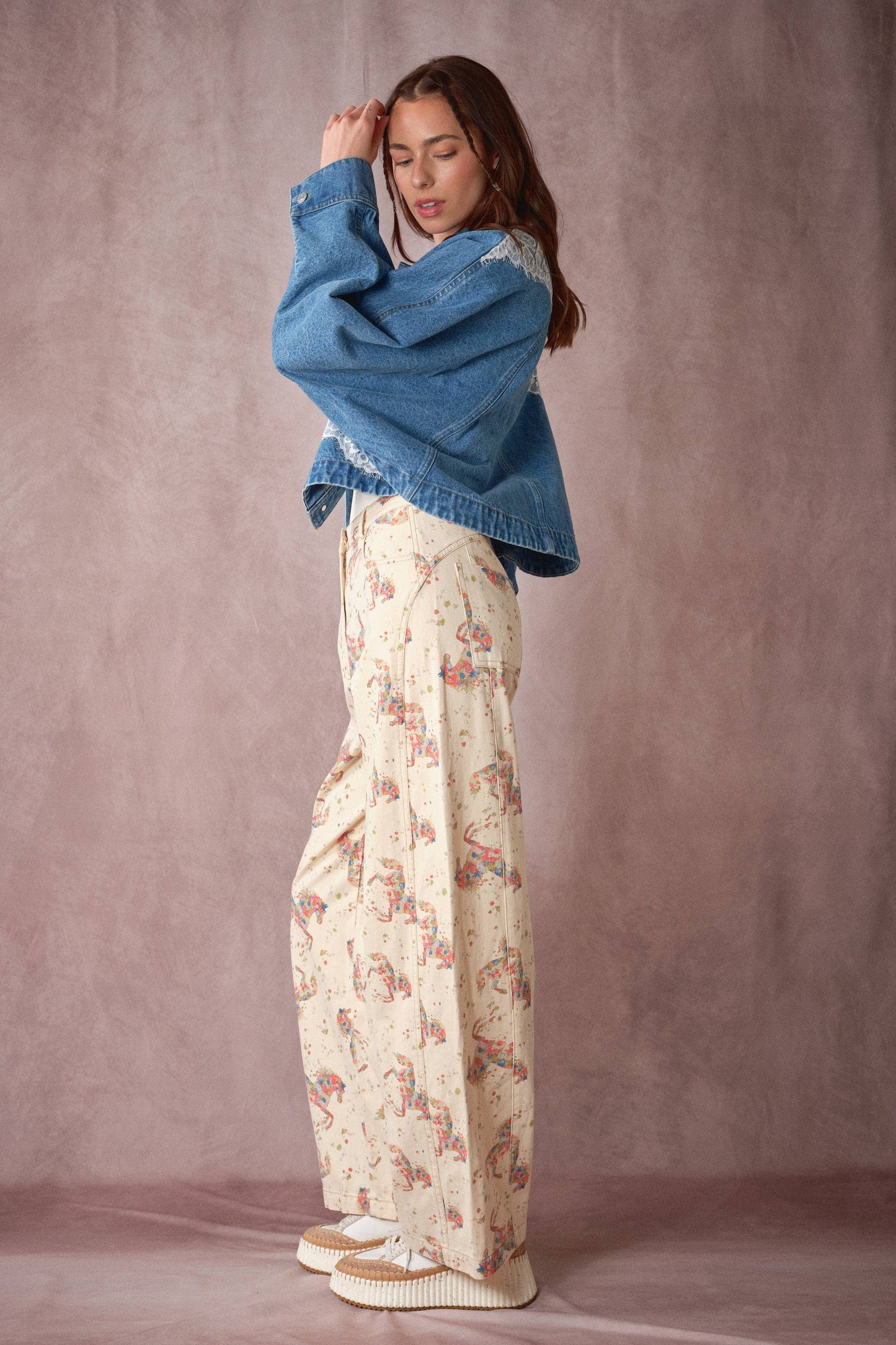 Floral Horse Print Relaxed Cotton Pants