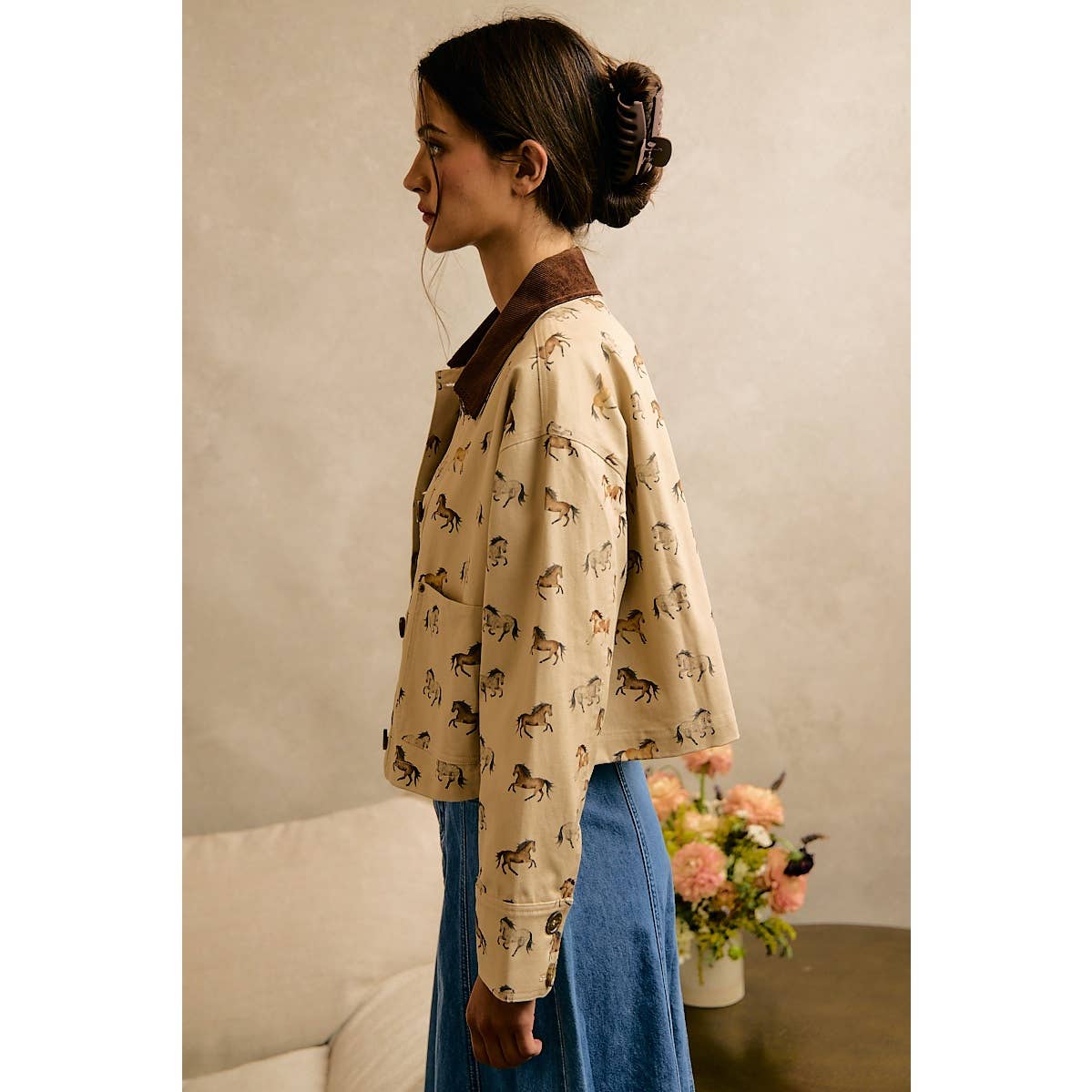 HORSE PRINT CORDUROY COLLAR JACKET