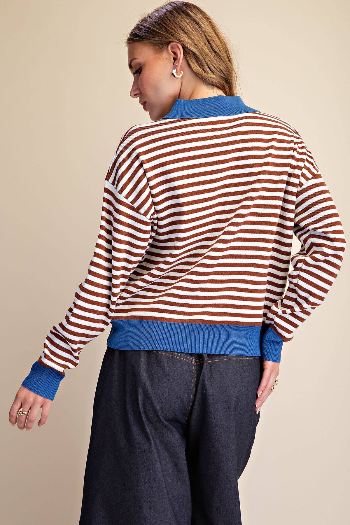 Collar Zip Neck Long Sleeve Stripe Sweater
