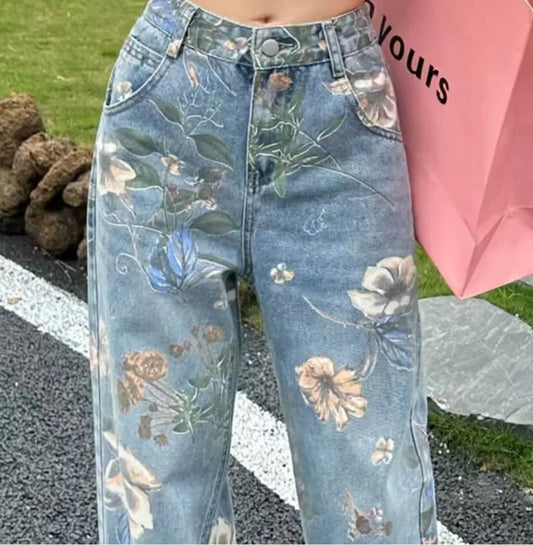Floral Print Denim Jeans