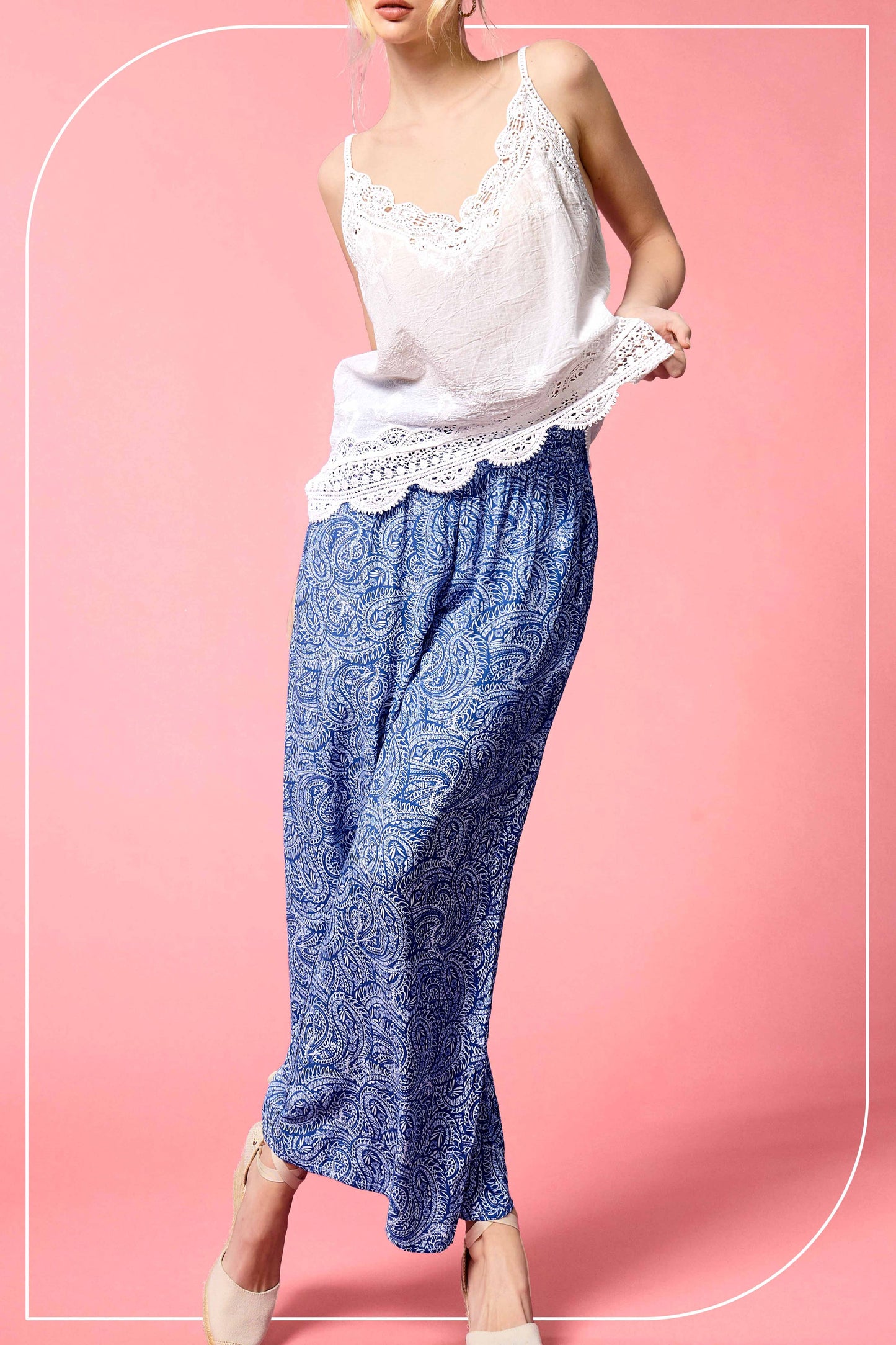 Boho Paisley Print Wide Leg Flowy Pants with Pockets