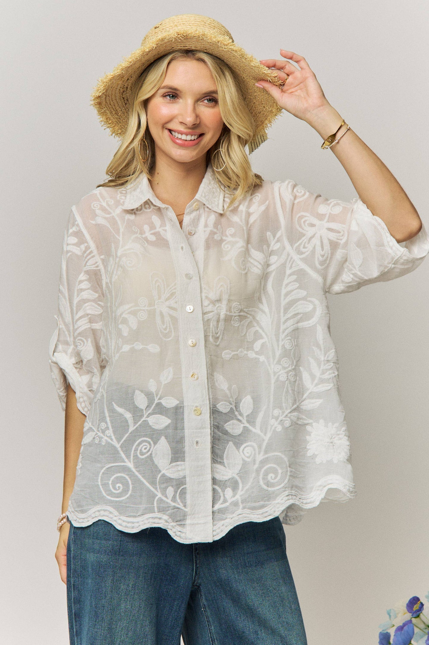 VINTAGE BOHO EMBROIDERED BUTTON-DOWN SHIRT