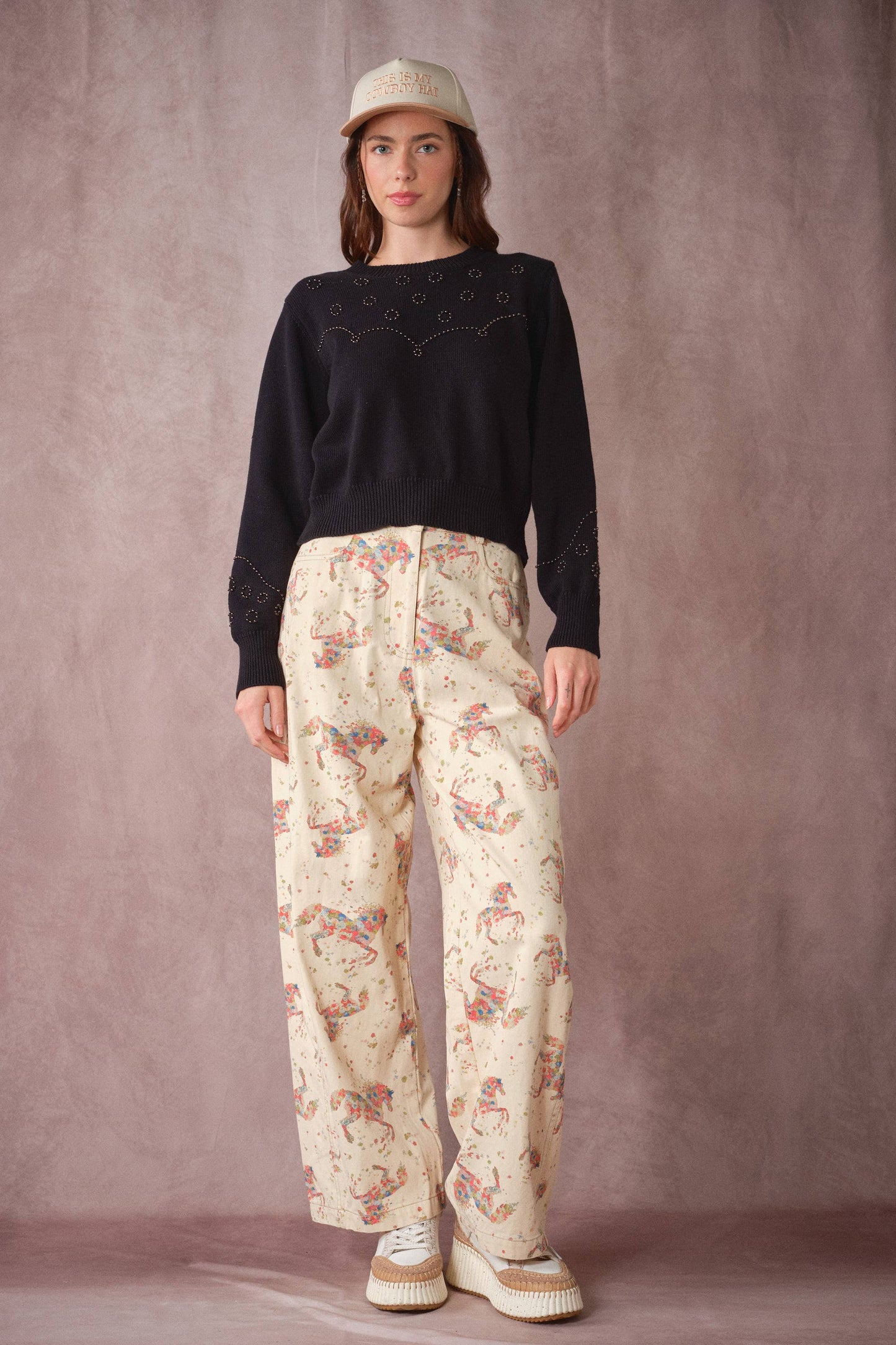 Floral Horse Print Relaxed Cotton Pants