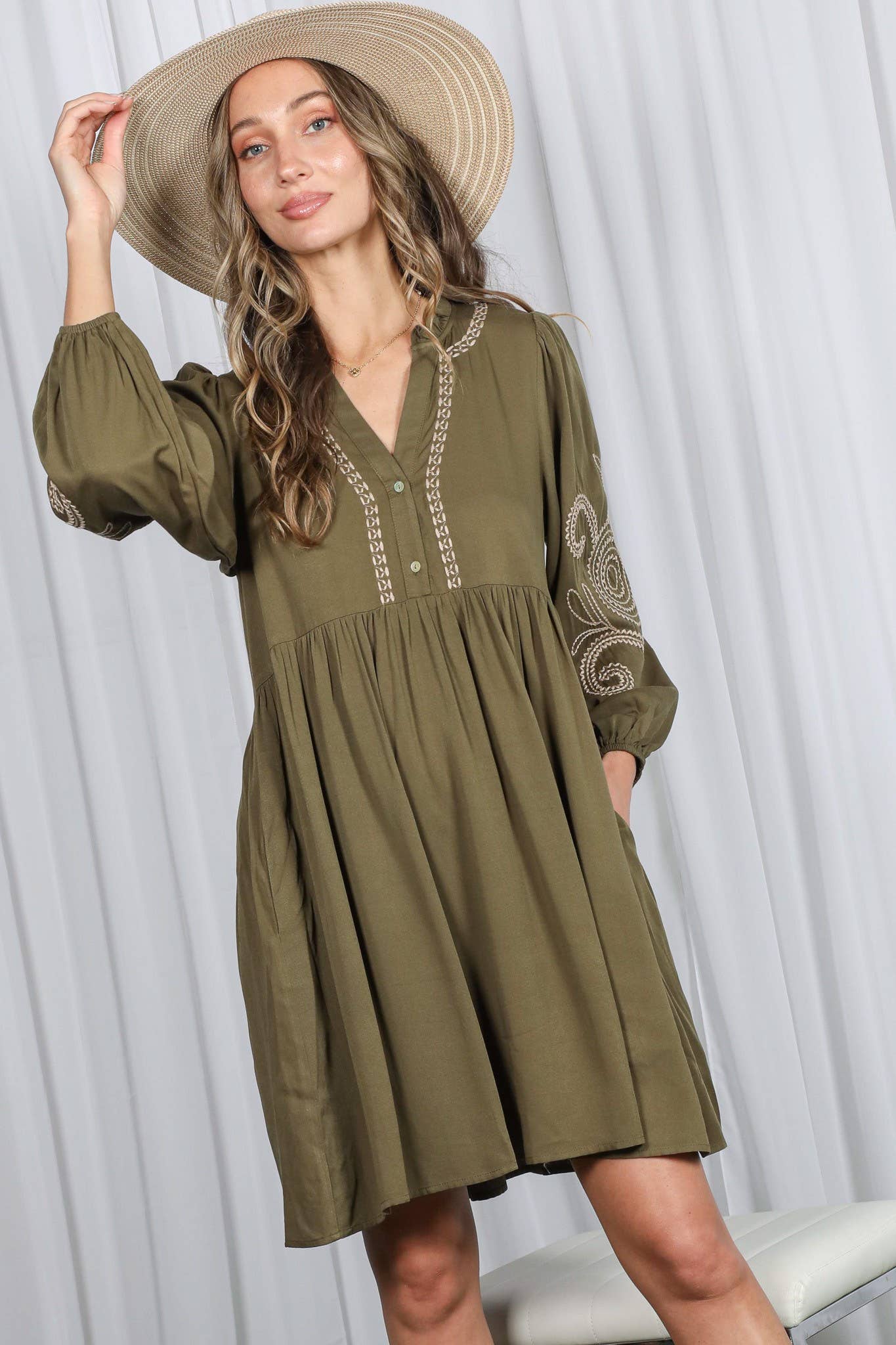 Paisley Embroidered V-Neck Baby Doll Mini Dress