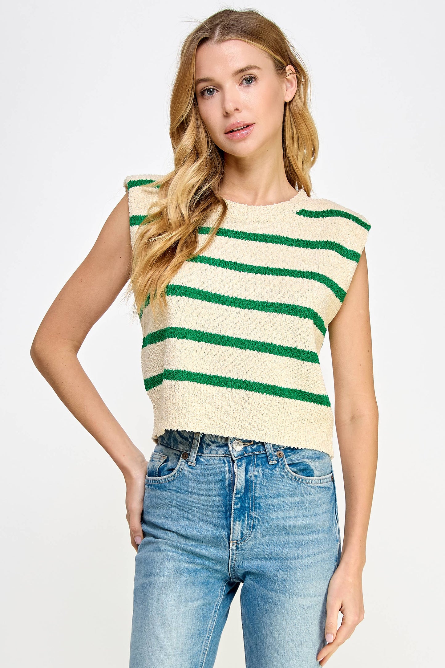 Shoulder Pad Sleeveless Textured Striped Knit Top