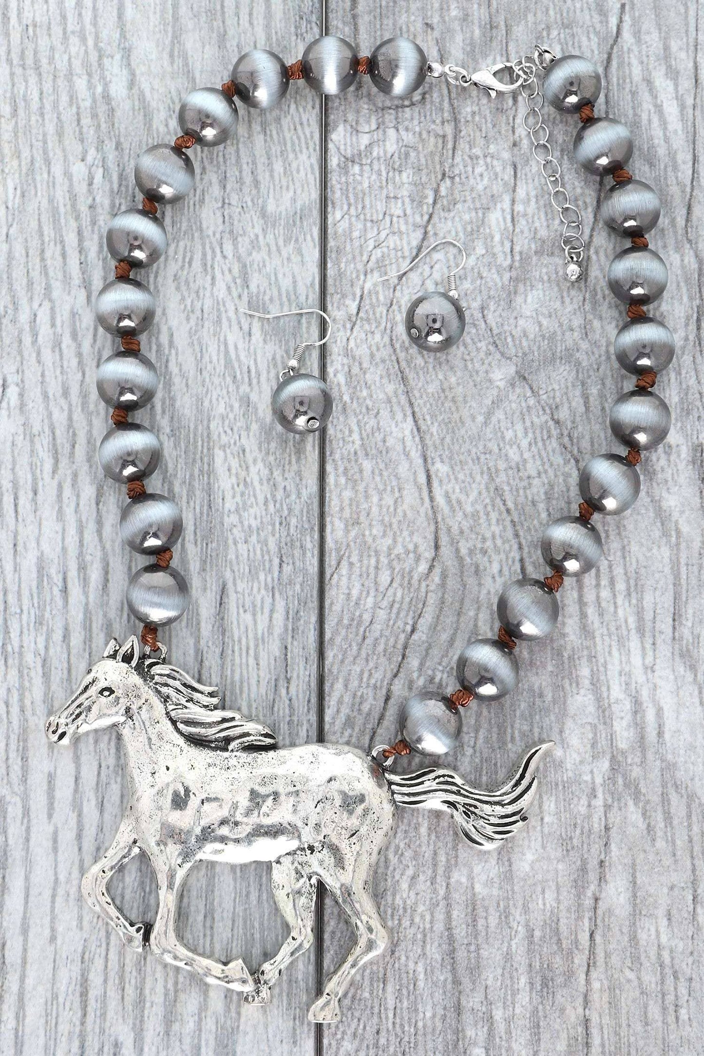 WESTERN METALLIC PEARL BEADED HORSE NECKLACE SET 12187
