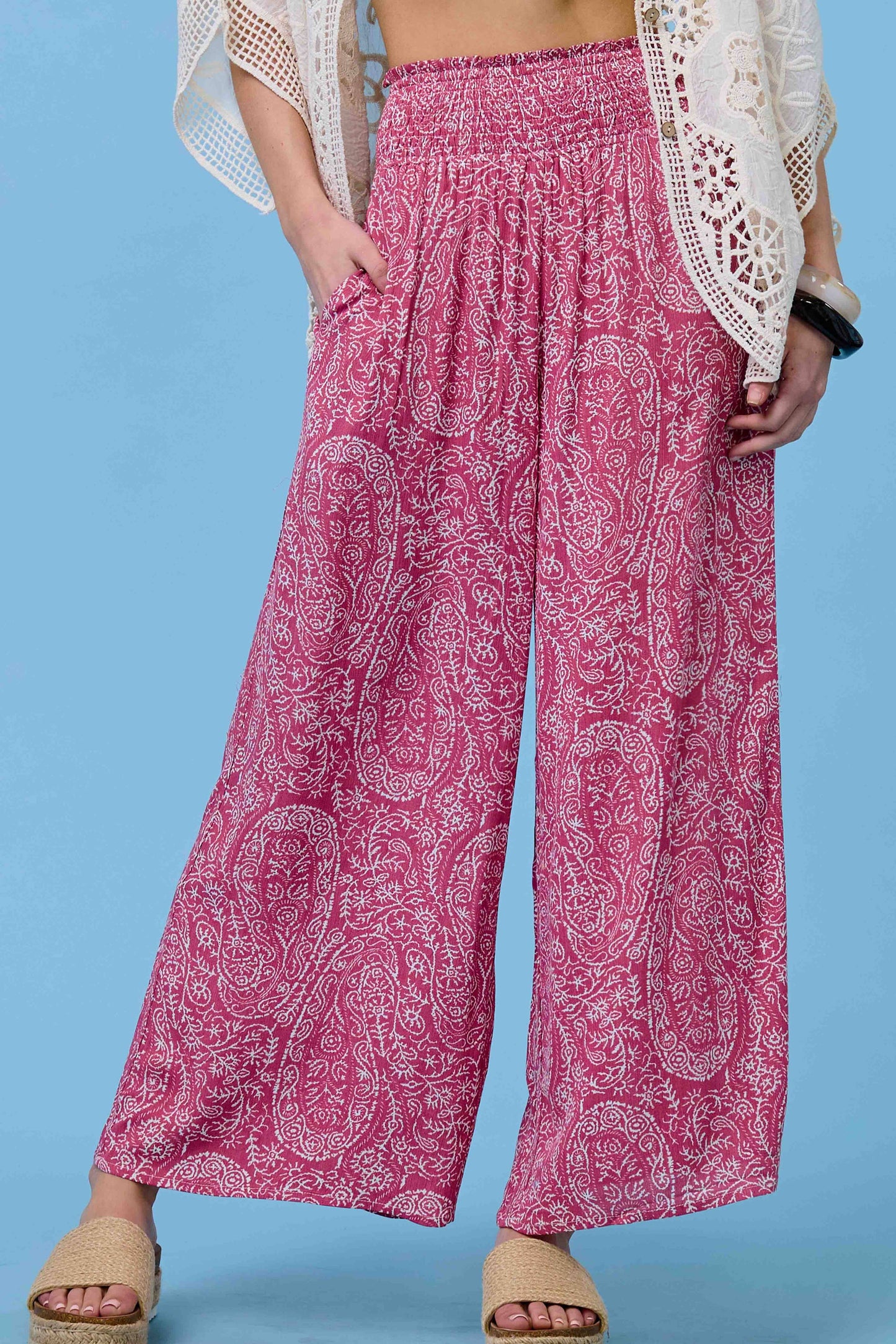 Boho Paisley Print Wide Leg Flowy Pants with Pockets