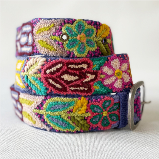 Folklorica Floral Embroidered Wool Belt, Blue