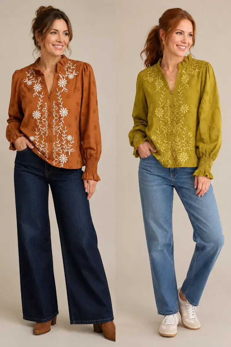 Embroidered Ruffle Neck Blouse