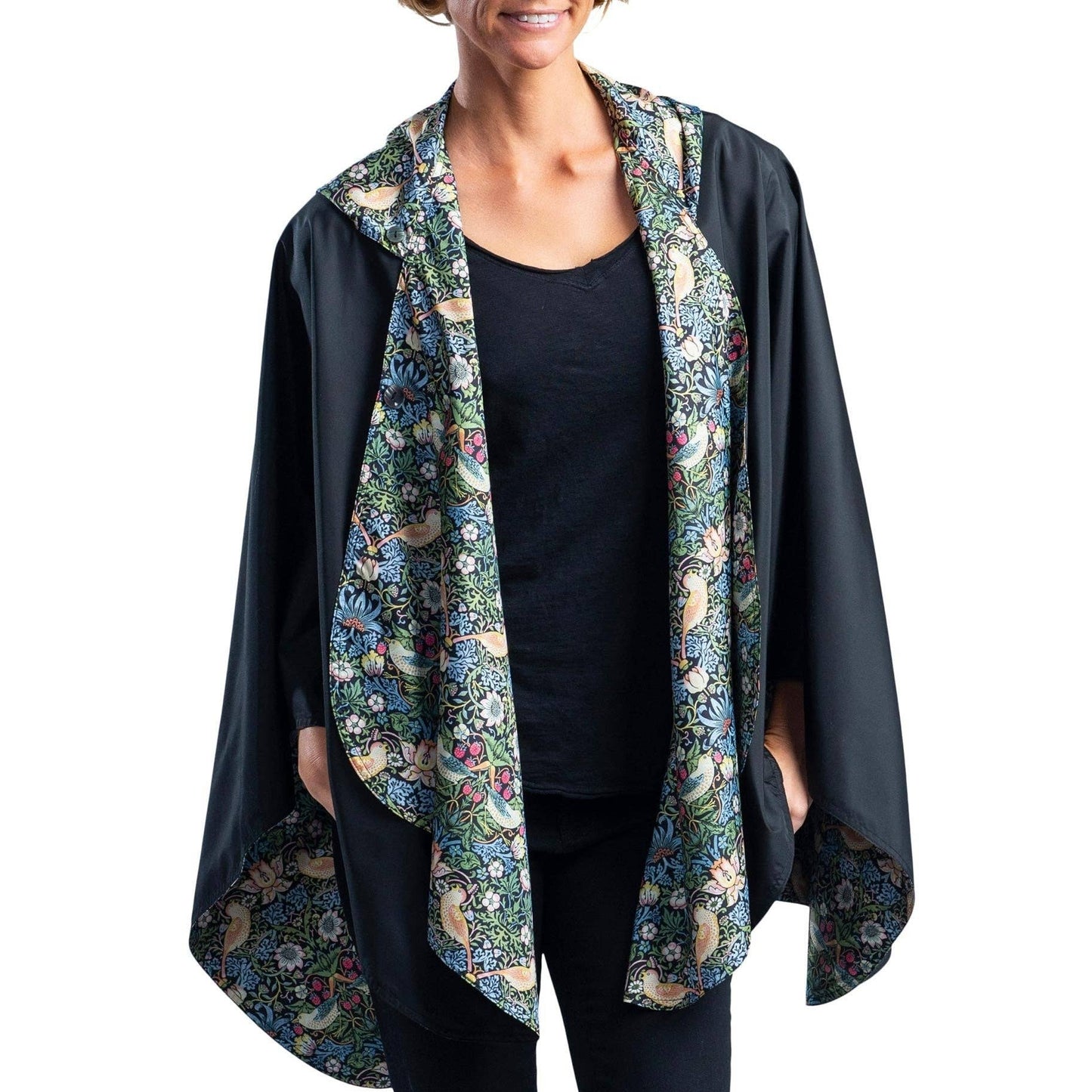 William Morris Strawberry Thief & Black Reversible Rain Cape Poncho – Hooded Womens Wrap