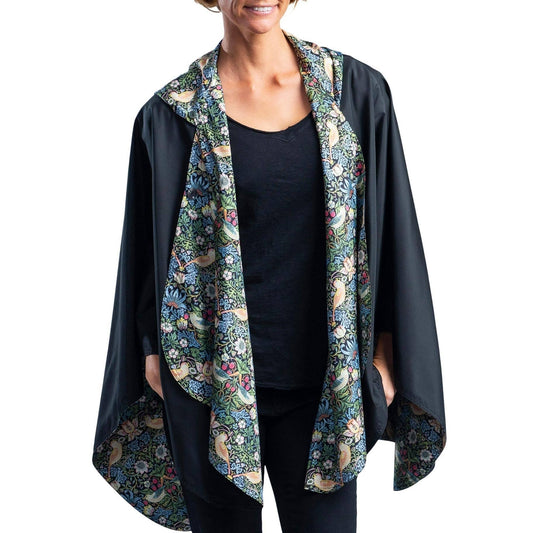 William Morris Strawberry Thief & Black Reversible Rain Cape Poncho – Hooded Womens Wrap