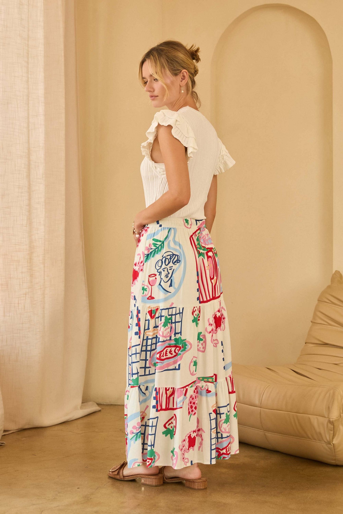 Printed Tiered Midi Skirt