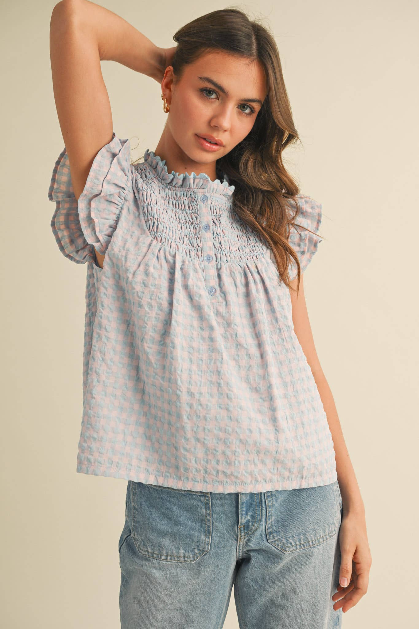 GINGHAM FLUTTER SLEEVE TOP