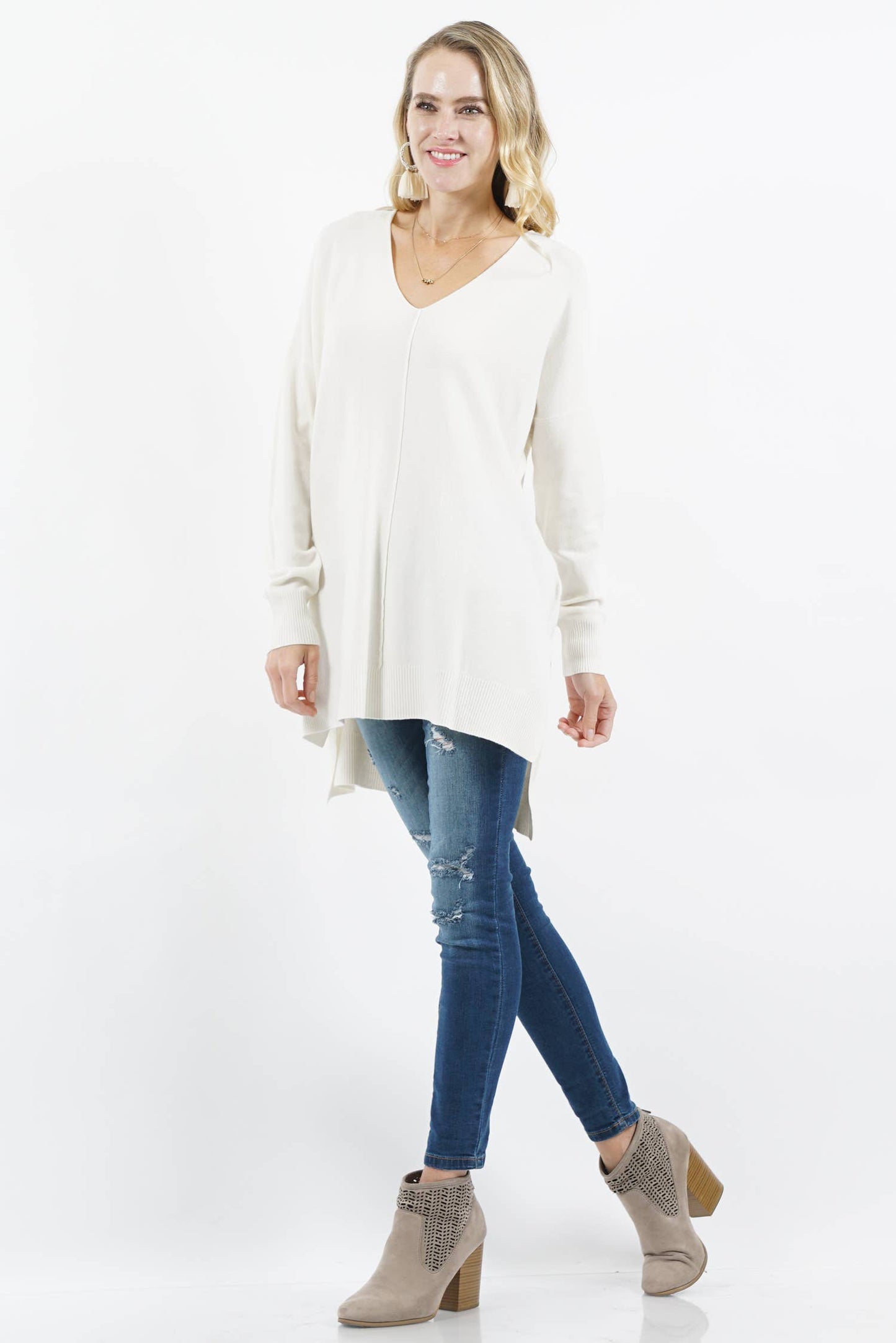 Garment Dyed Hi Low Hem Front Seam Sweater