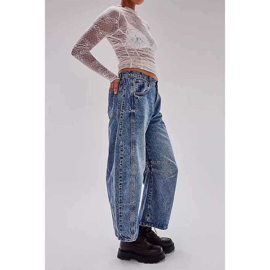 Casual Wide Leg Loose Mid Low Waist Washed Denim