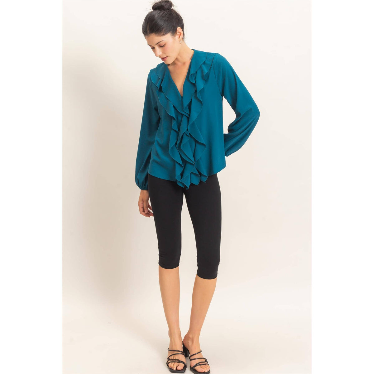 Ruffled V-Neck Button-Up Blouse