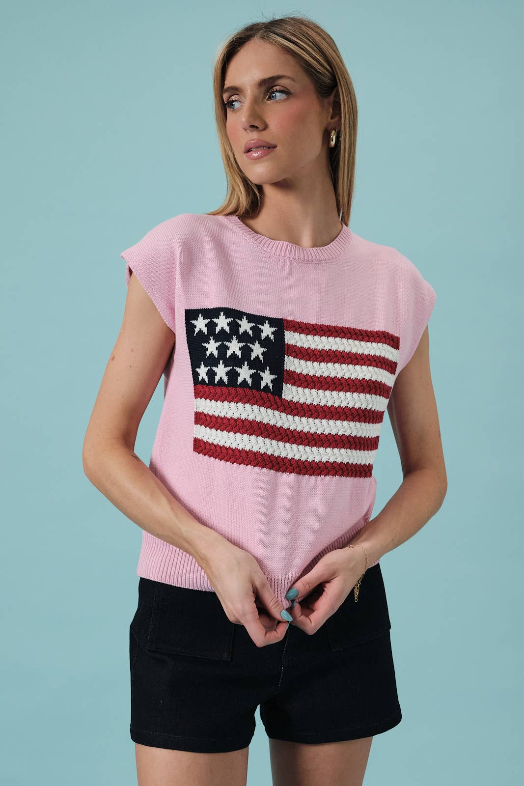 ROUND NECK WIDE SHOULDER USA FLAG SWEATER