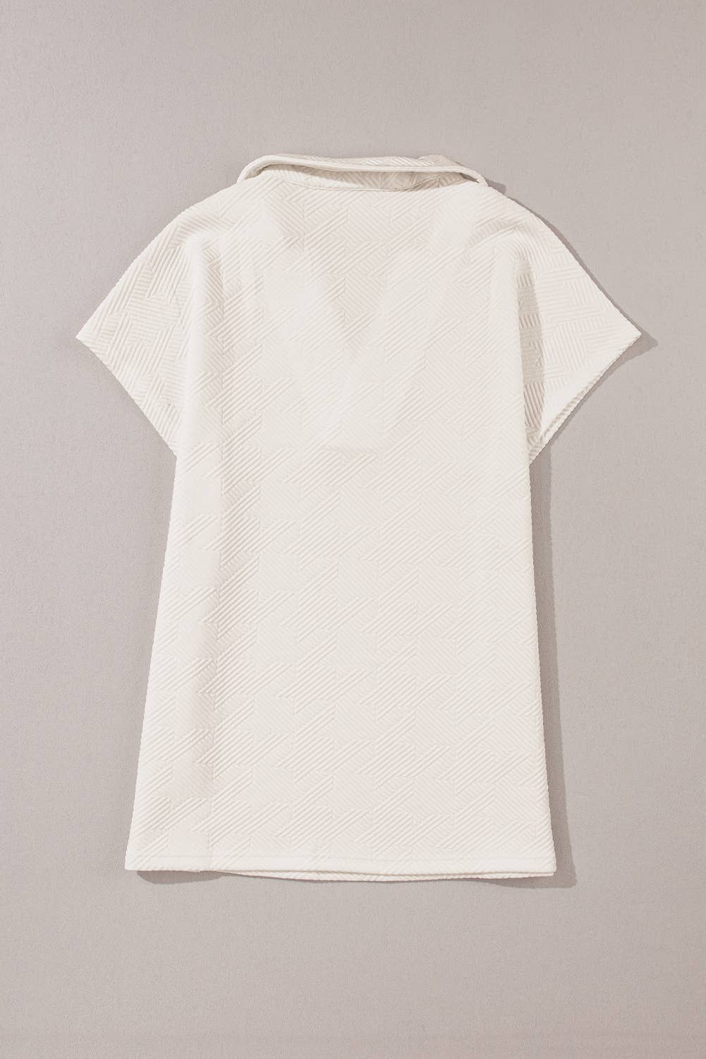 Textured V Neck Collared Short Sleeve Top