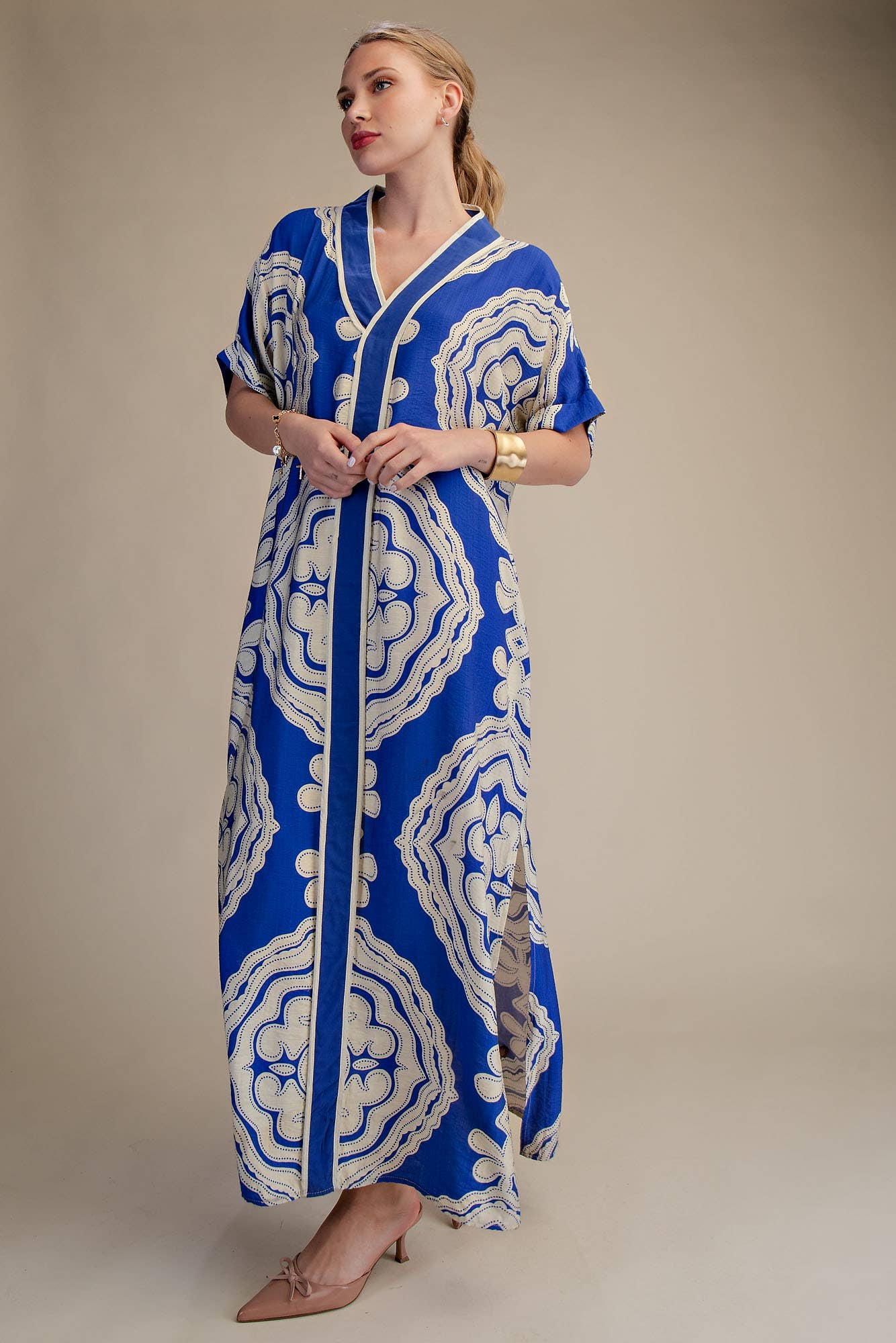 V-Neck Short Sleeve Maxi Print Dress