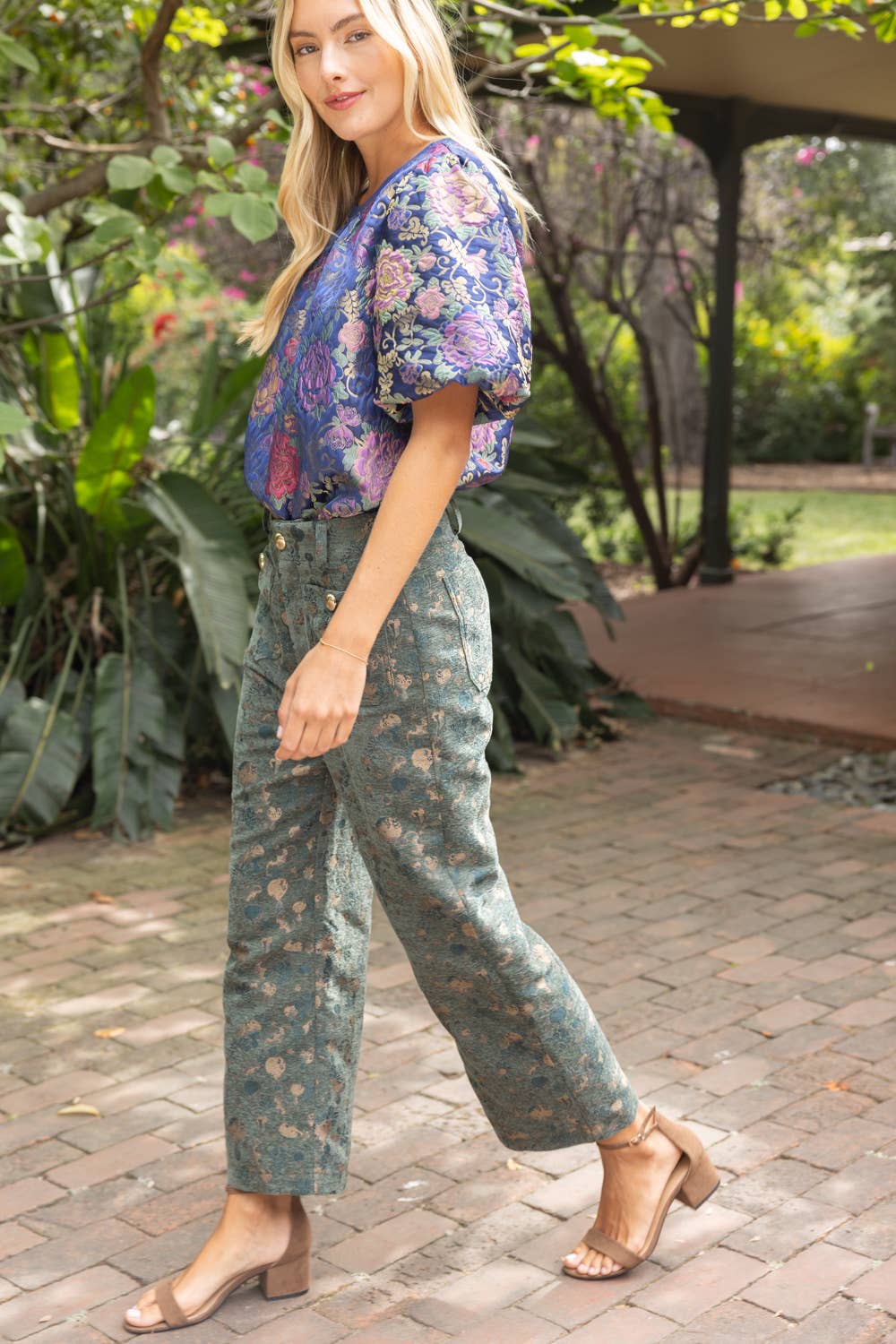 Gold Button Abstract Velvet Jaquard Wide Leg Pants