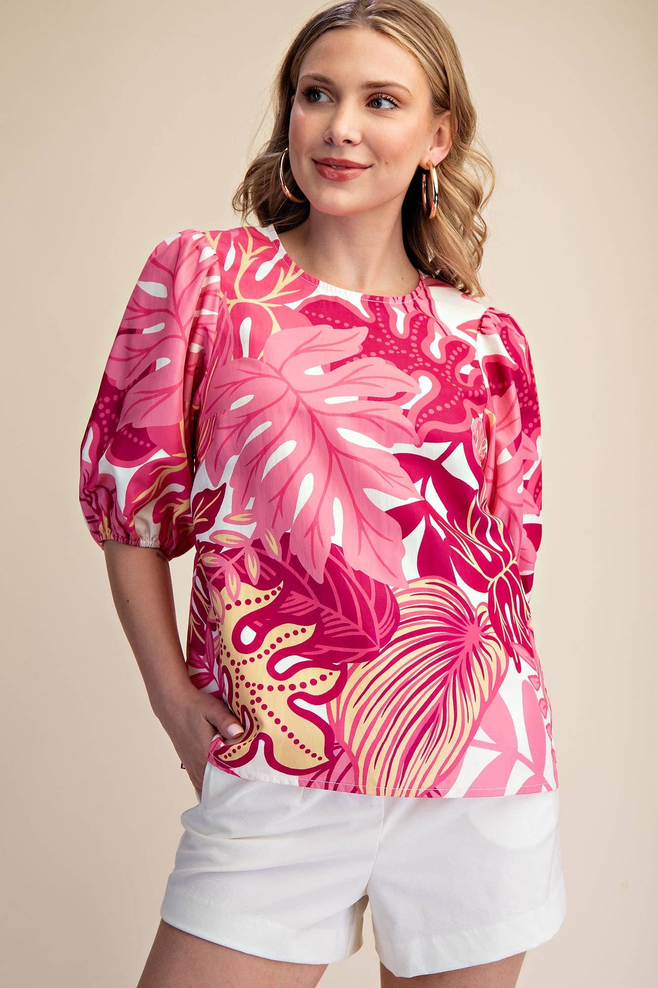 Puff Sleeve Tropical Printed Top