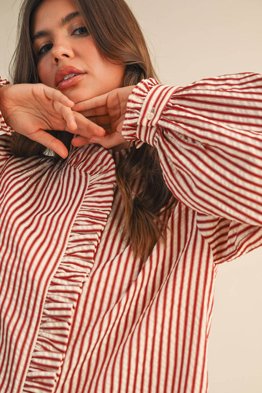 STRIPED RUFFLED BUTTON DOWN