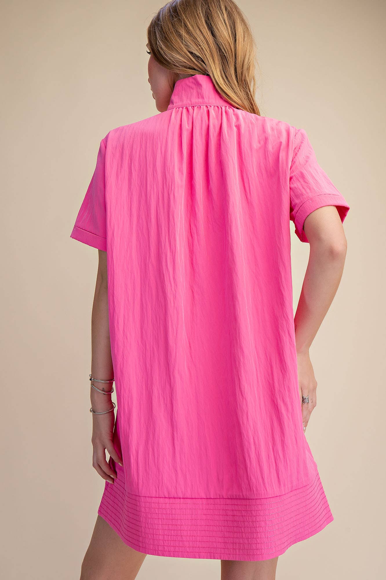Stand Collar Short Sleeves Button Down Shift Dress
