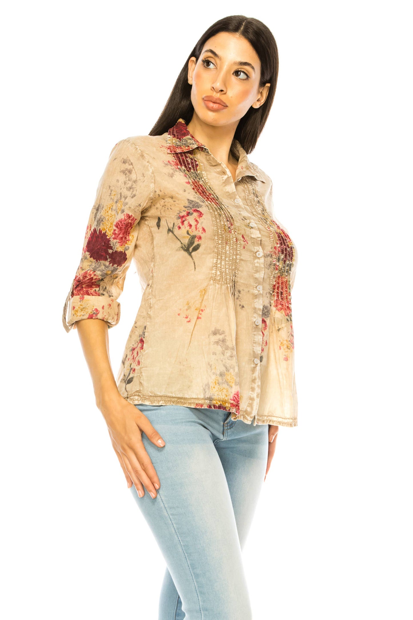 Vintage Floral Taupe Shirt with Lace Inserts and Pin Tucks