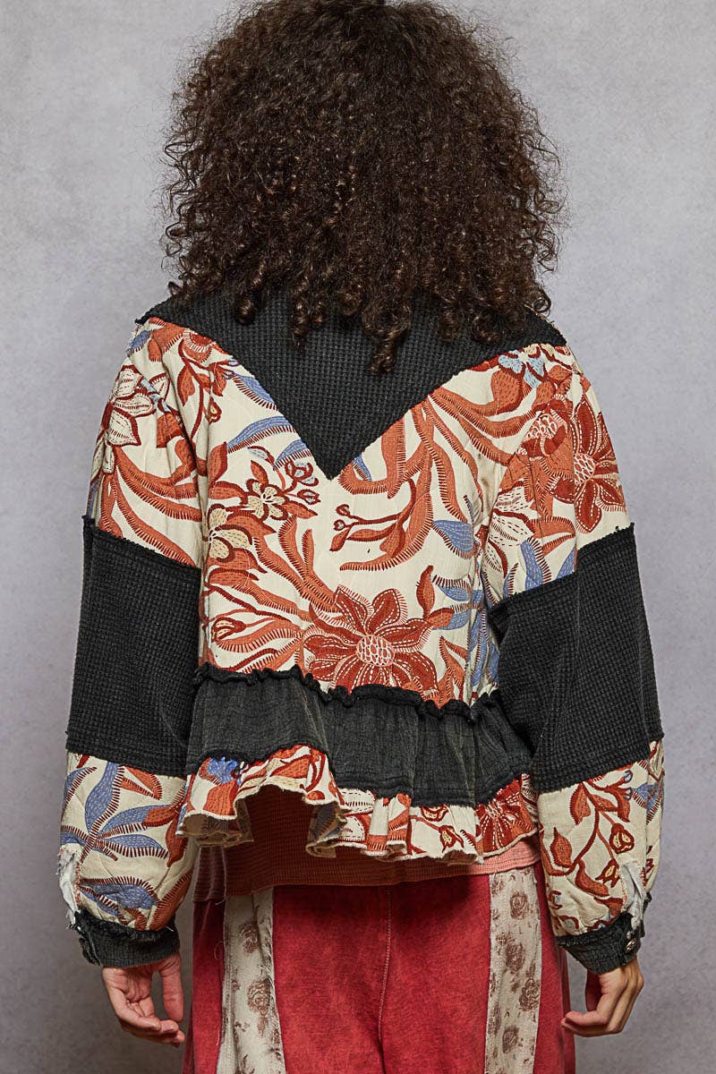 Quilted Floral Raw-Edge Balloon Sleeve A-Line Jacket